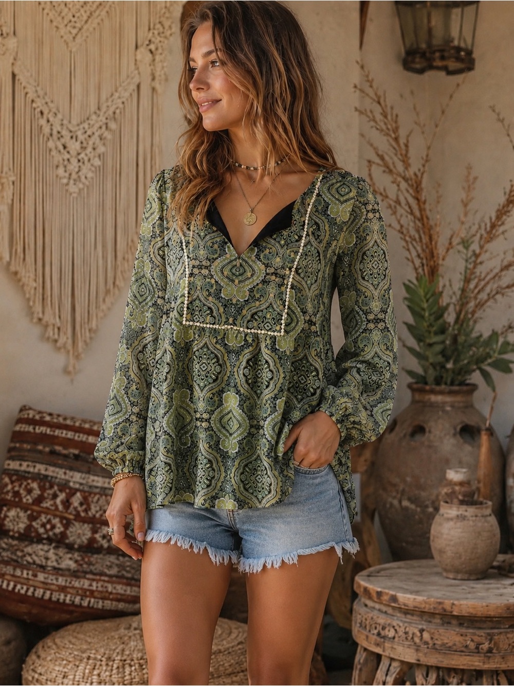 JM Collection Boho Green Patterned Peasant Blouse